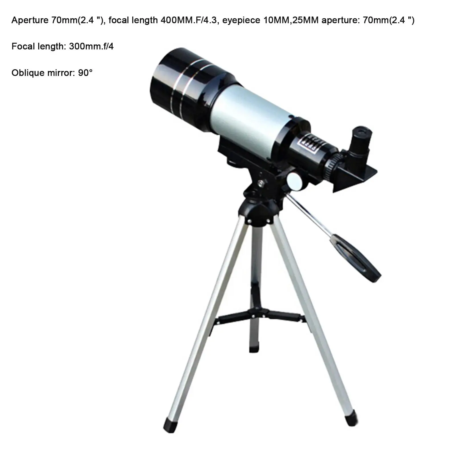Portable 70mm 300mm Telescope with Tripod for Beginners Travel Telescope Erect Image Optics with H20mm, H6mm Eyepieces Accessory