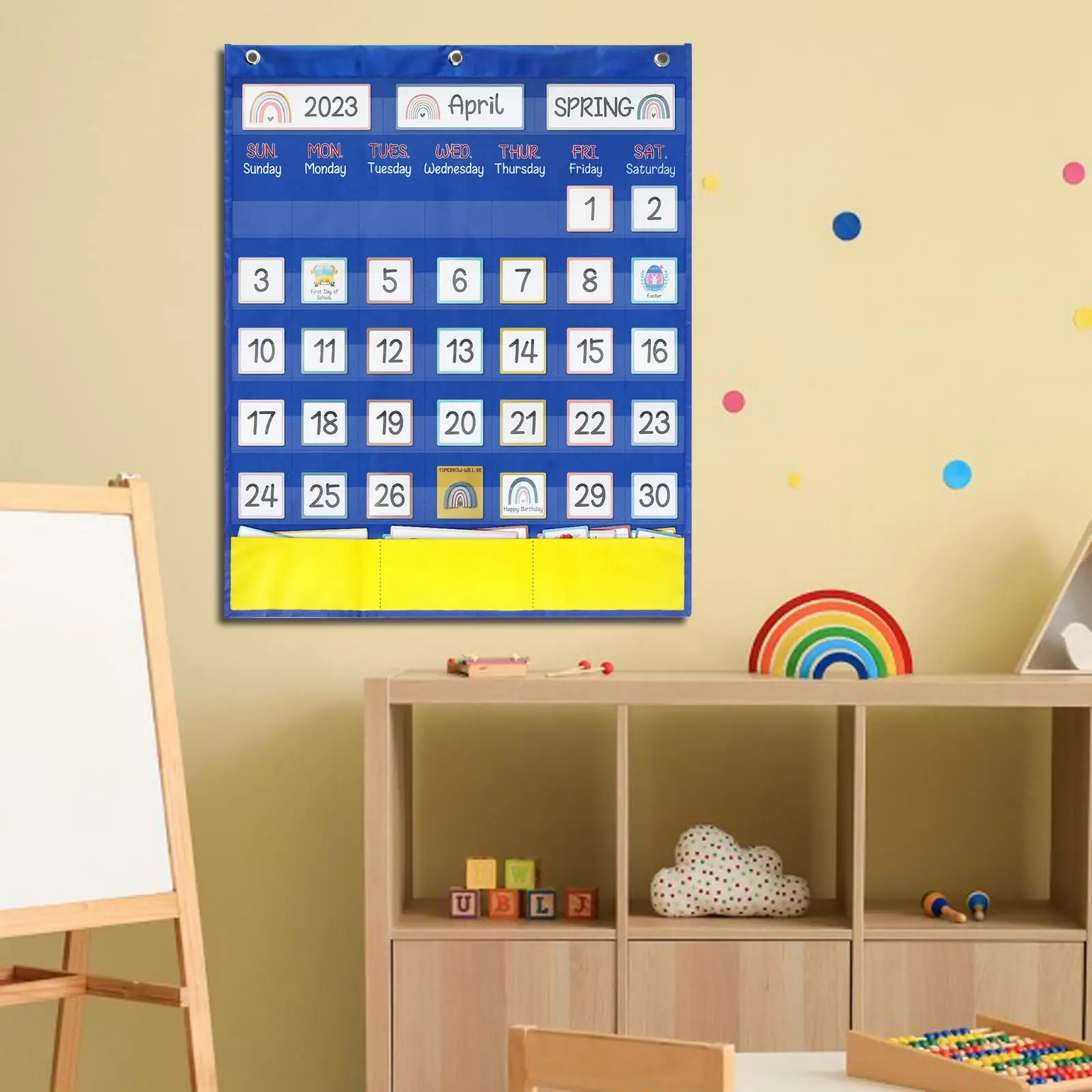 Calendar Pocket Chart Kindergarten Today Tag Card with 89 Cards 20.08inchx23.62inch Classroom Organized Chart Calendar for Kids