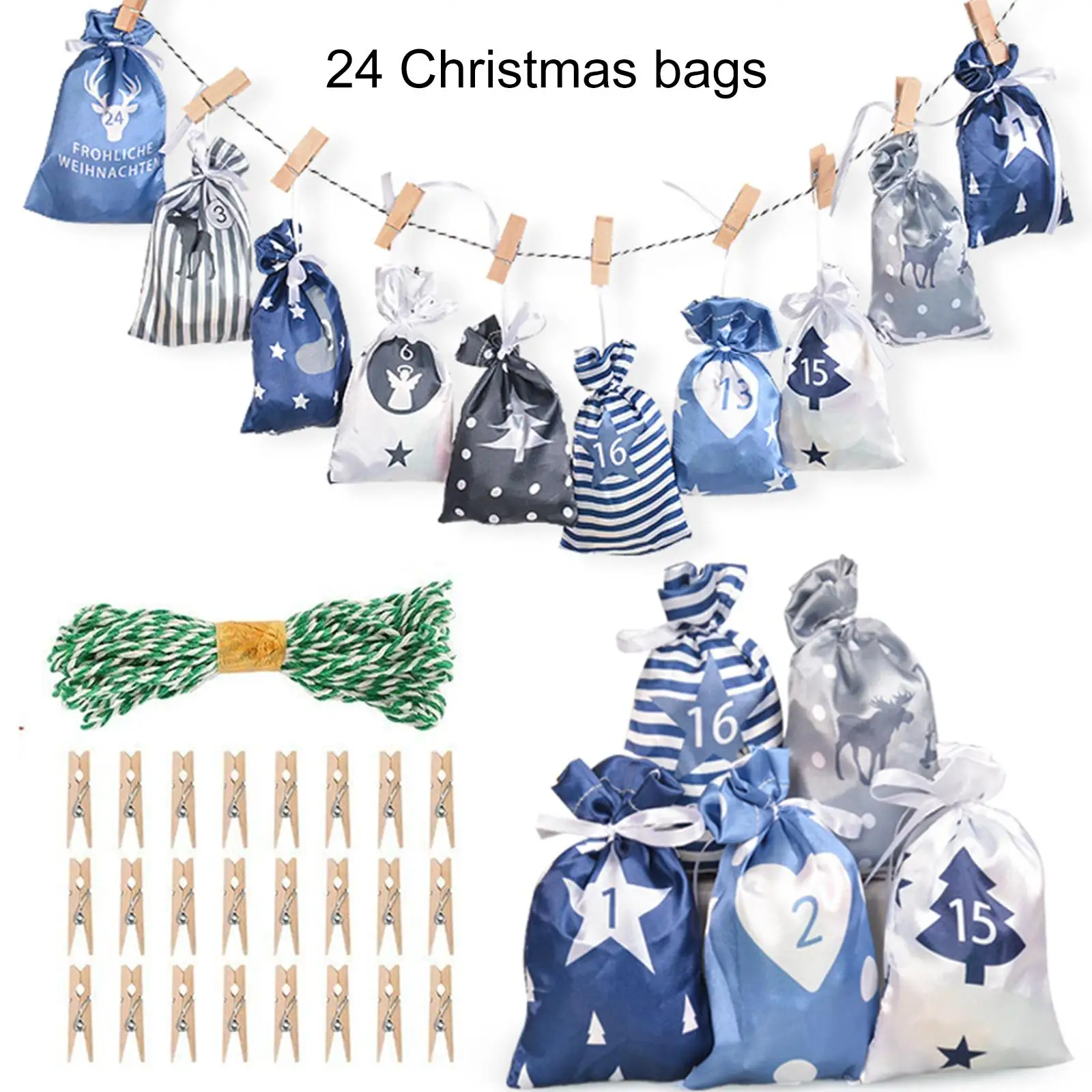 Advent Calendar Bags Christmas Wall Decor Clips Rope Labels Pocket Set Reciprocal Decoration for Living Room Birthday