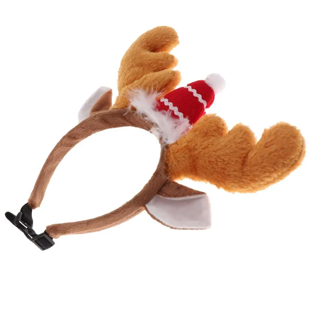Reindeer Antlers Christmas Head Hoop with Red Santa Hat Decor, Puppy Dog Headband Headwear Hair Hoop for Christmas Costume