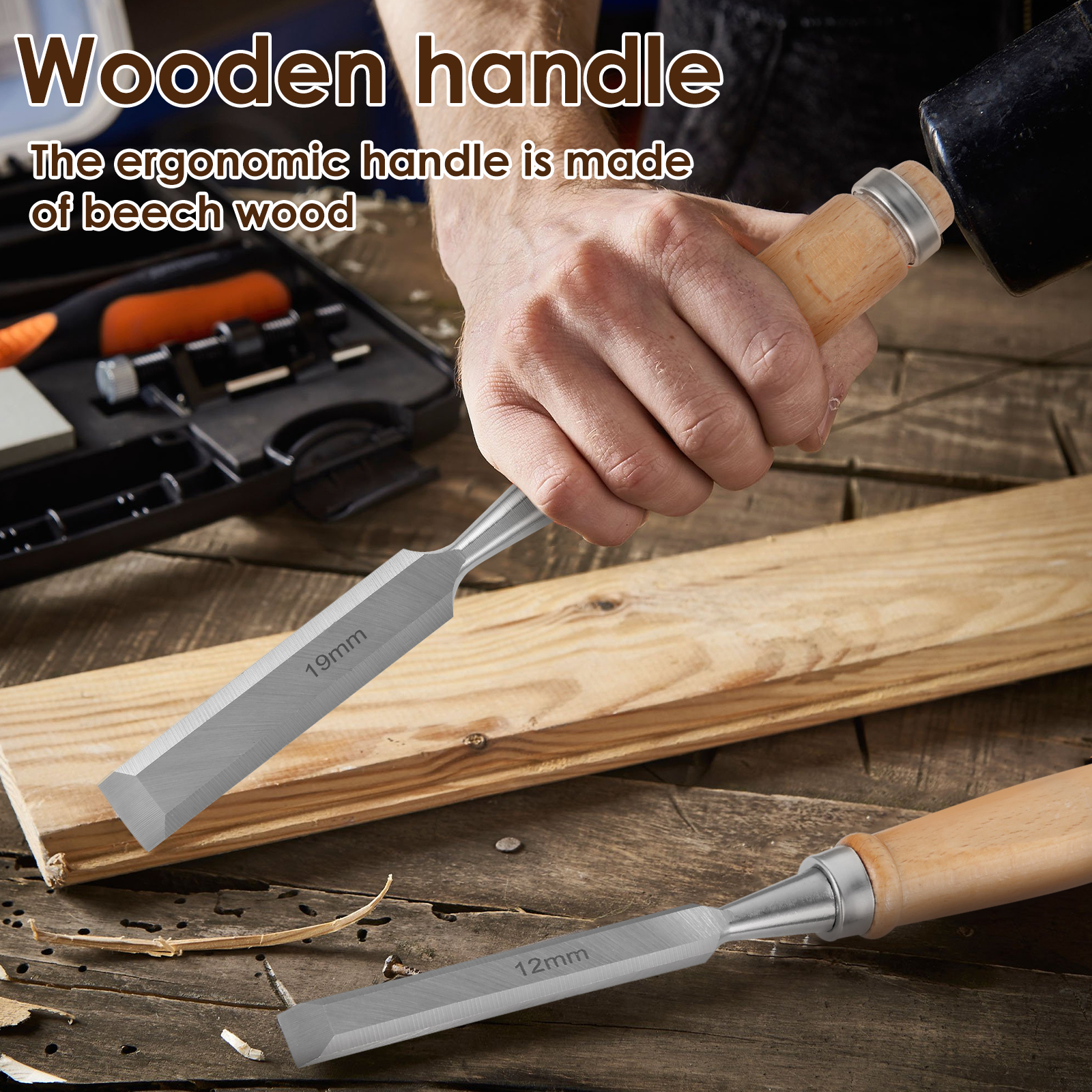 4-teiliges Holzmeißel-Set, scharfe Chrom-Vanadium-Stahl-Holzschnitzmeißel mit Griffen aus Buche, ergonomische Holzschnitzwerkzeuge – Detail 4
