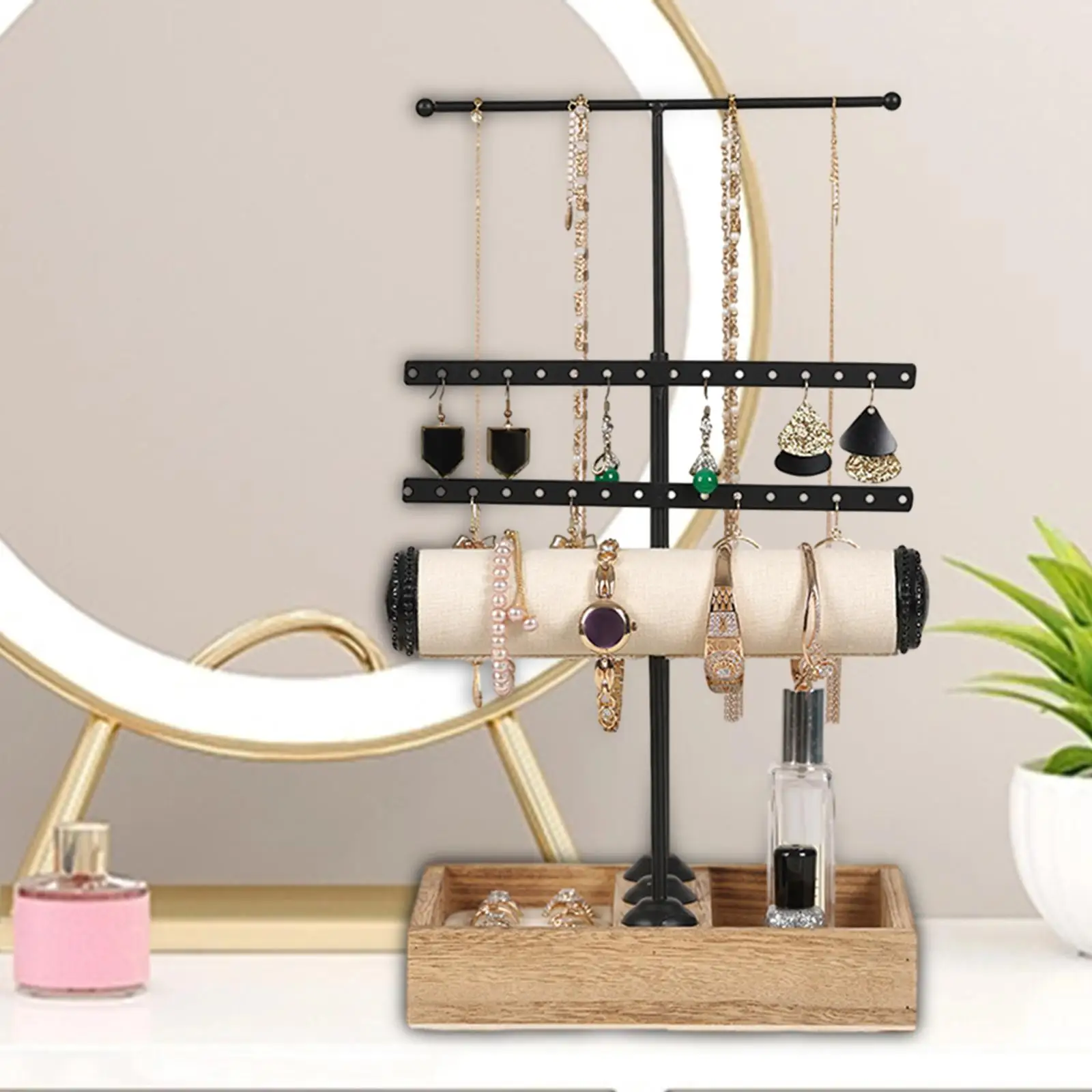 4 Tiers Jewelry Display Rack Jewelry Stand T Shaped Necklace Rack Holder Wooden Base Jewelry Organizer for Earrings Rings