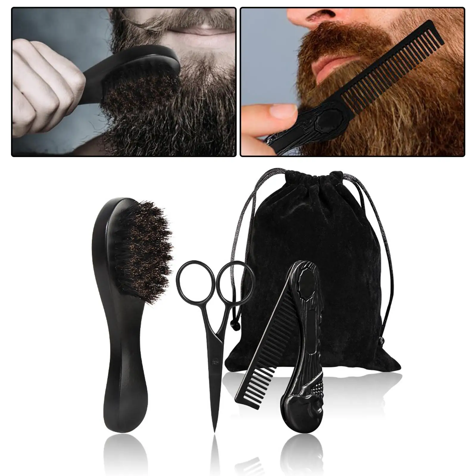 3x Professional Beard , Gift Wooden Pocket Comb Mustache Scissors with Dustproof Bag for Travel Men Cleaning Grooming Tool.