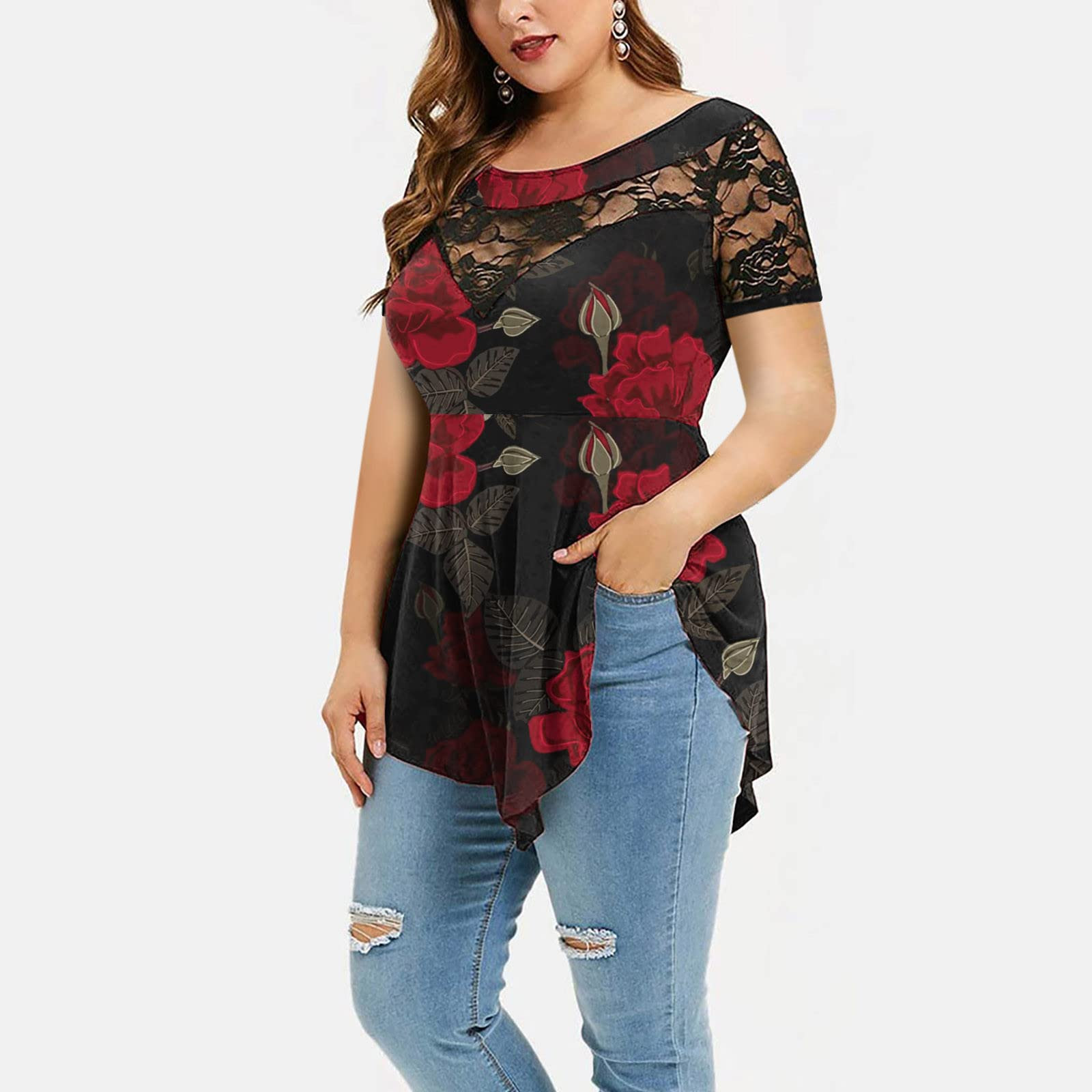 plus size camisas das mulheres verão manga curta blusa senhoras casual vestido pescoço túnicas rendas topos flores impressão camisas femininas