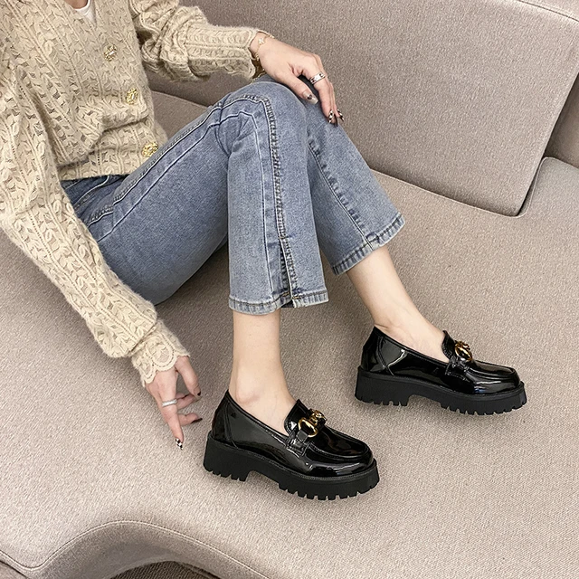 2222 Platform British Style Small Leather Shoes New Autumn Women Metal  Chain Thick Heel Thick Sole Single Shoes Female Loafers