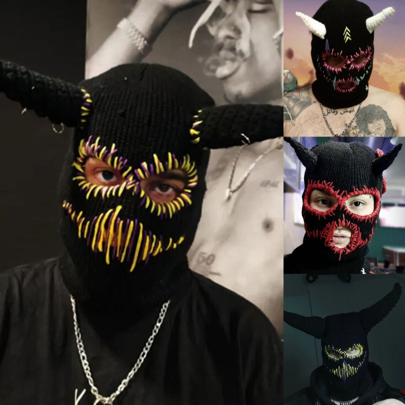 Frauen Gestrickte Kappen mit Teufel Hörner Halloween Horror Beanie Ski Maske für Männer – Detail 1