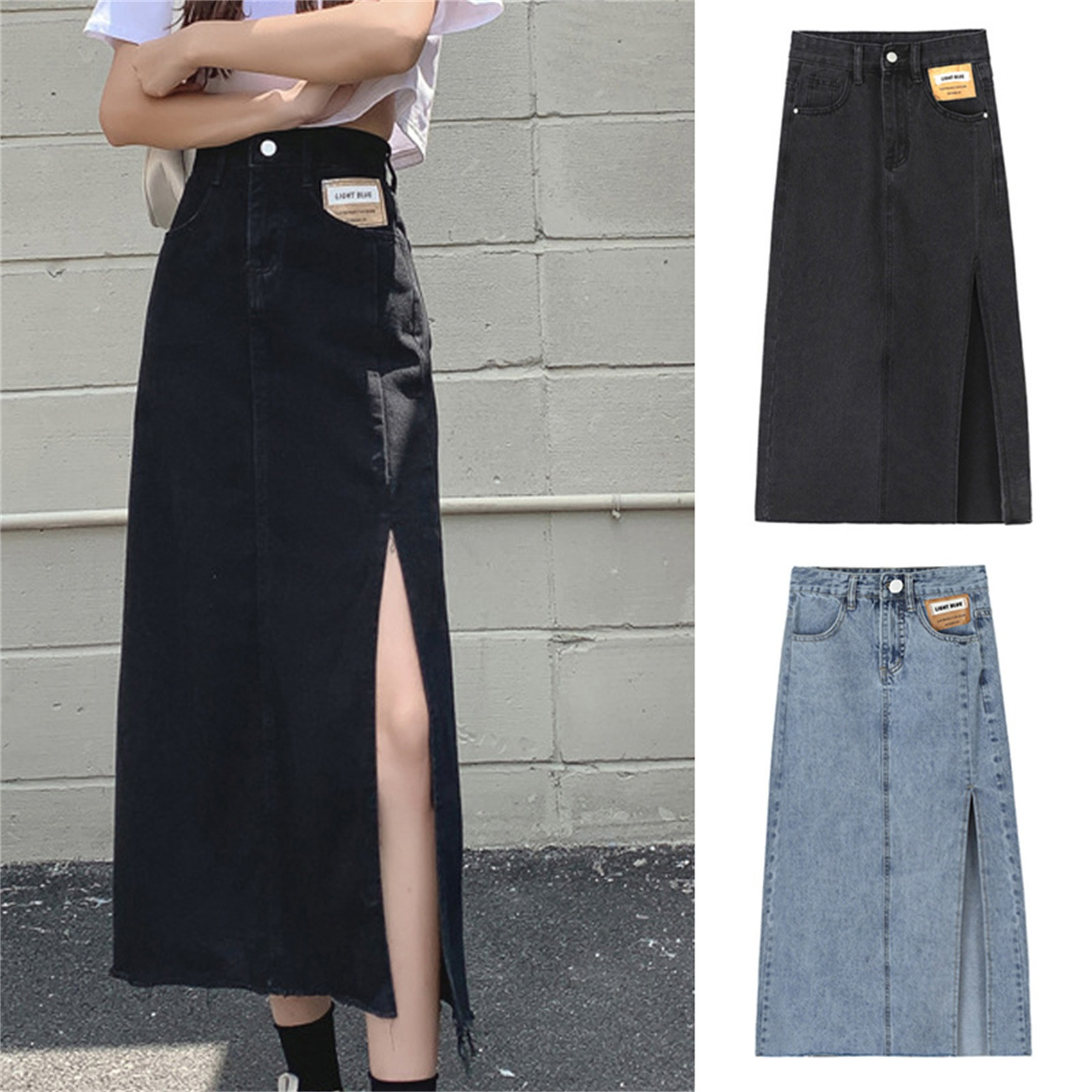 Women Fashion Long Mid Waist Button Pocket Front Straight Denim Maxi Skirts Kawaii Skirts For Women Mini Skirt Y2k Style юбка