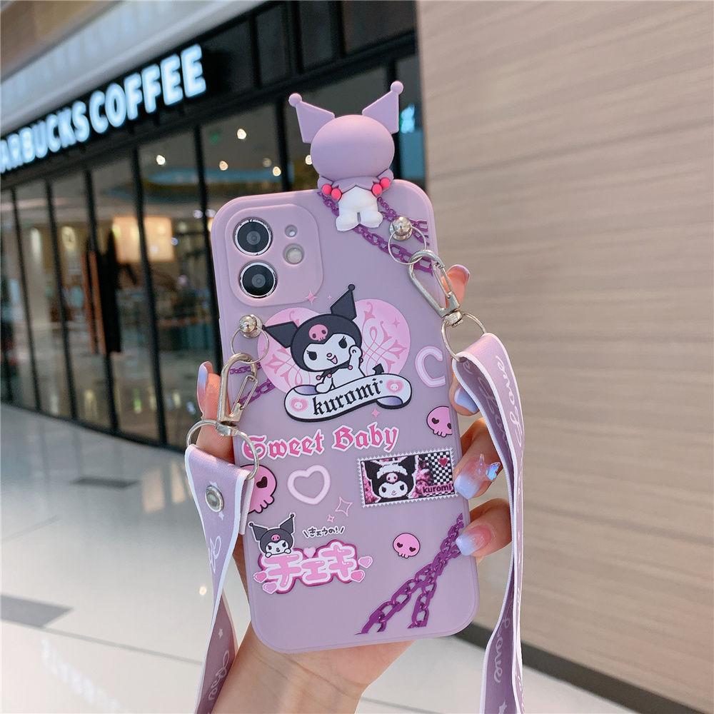 Hello Kitty Kuromi Silicone Case for iPhone11 12 13 Pro Max Mini X XS MAX XR 3D Cartoon with Lanyard Soft Cover Phone Holder best case for iphone 13 pro max