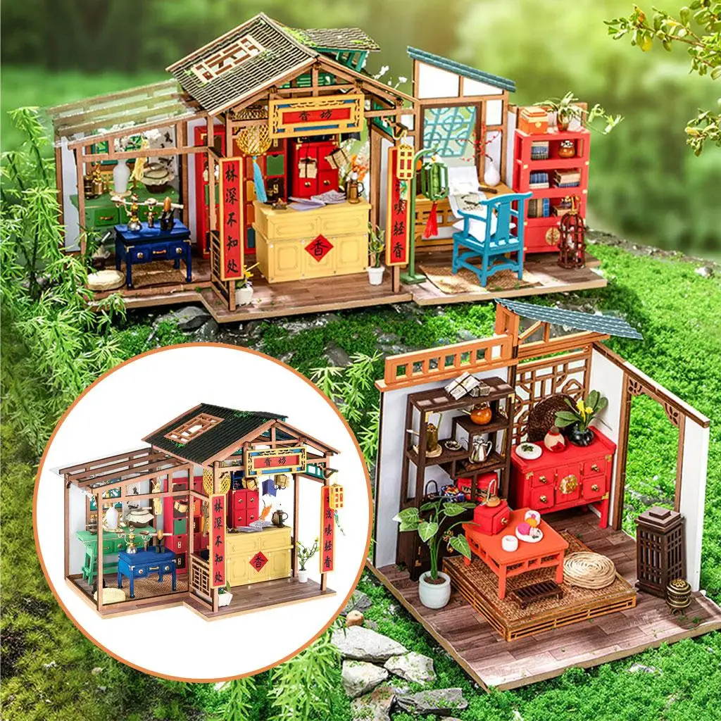 Creative Room Dollhouse LED Light Chinese Ancient Traditional Wooden Vintage Style 3D Puzzles for Kids Adults