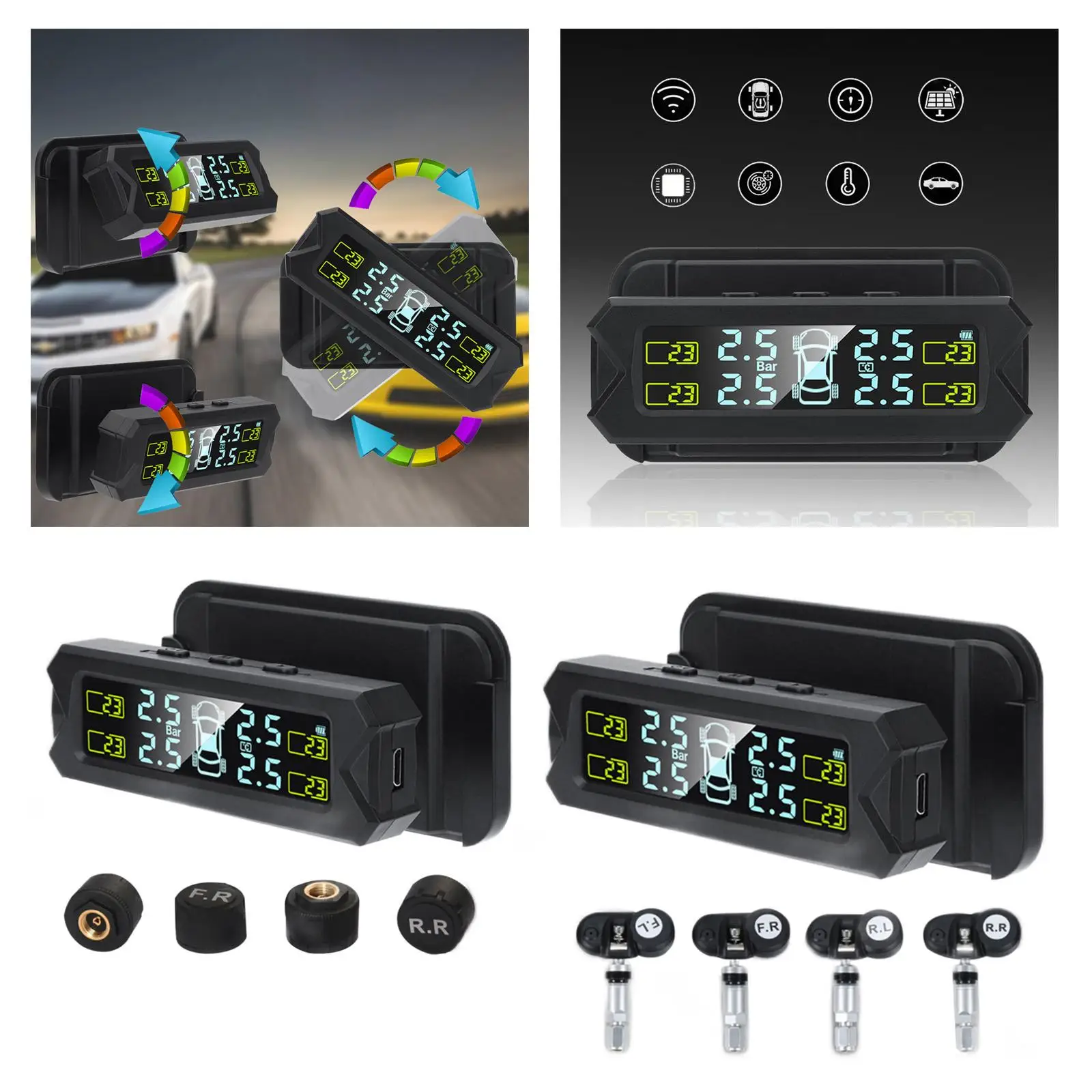 Automotive Car Solar Tmps Sensors 2 Charging Ways High Accuracy Real Time RV Truck TPMS LCD Digital Displaying for Drive Safety