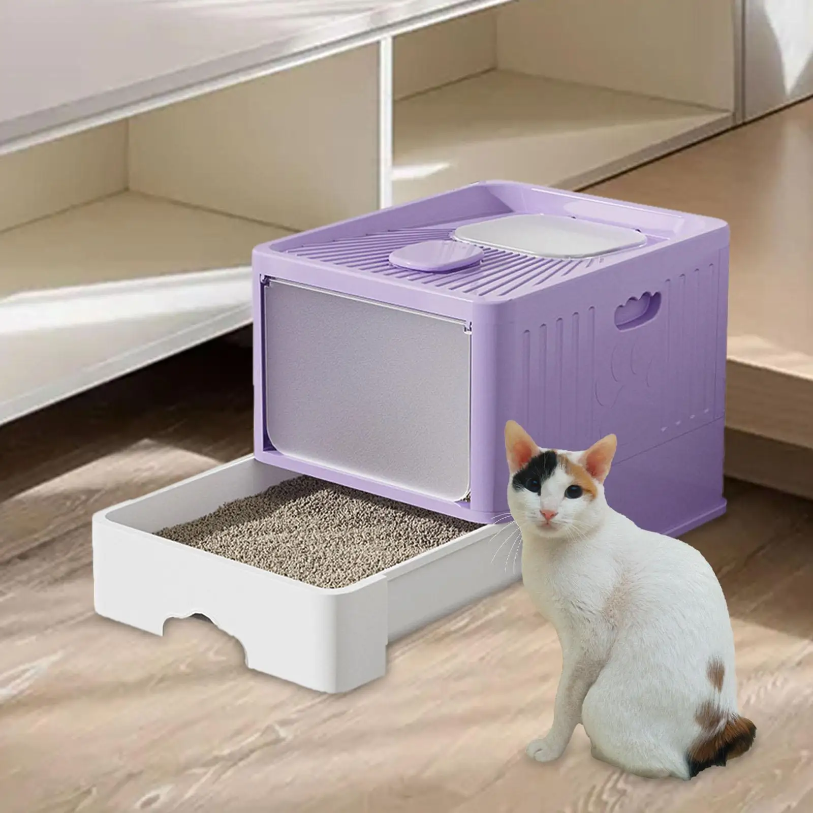 Hooded Cat Litter Box Durable Top Entry High Sided Reusable Drawer Type Cats Toi
