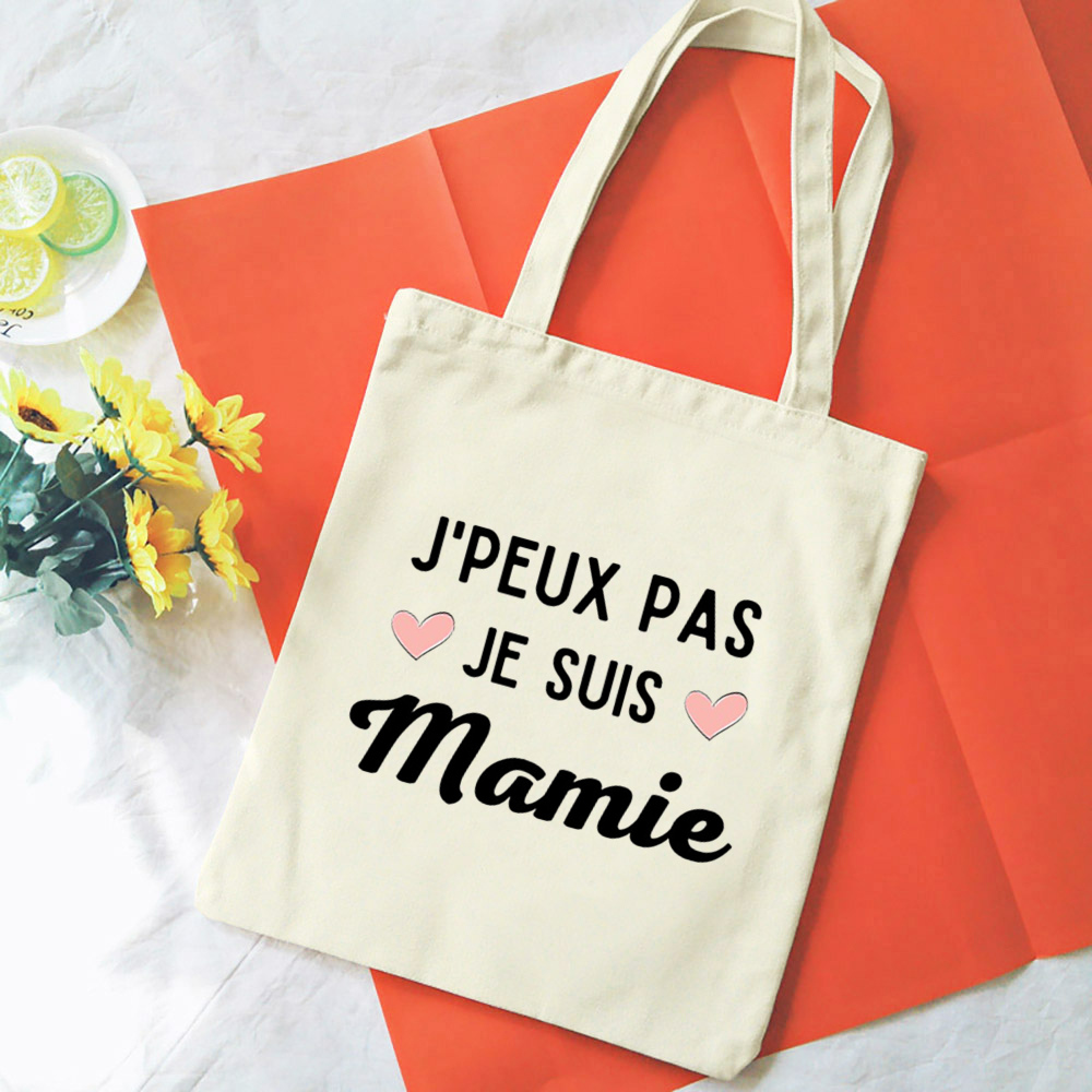 Französische Mamie-Druck-Schultertaschen aus Segeltuch, weibliche Einkaufstaschen, Damen-Reisehandtaschen, umweltfreundliche, wiederverwendbare Aufbewahrungstasche, Geschenke für Oma – Detail 17