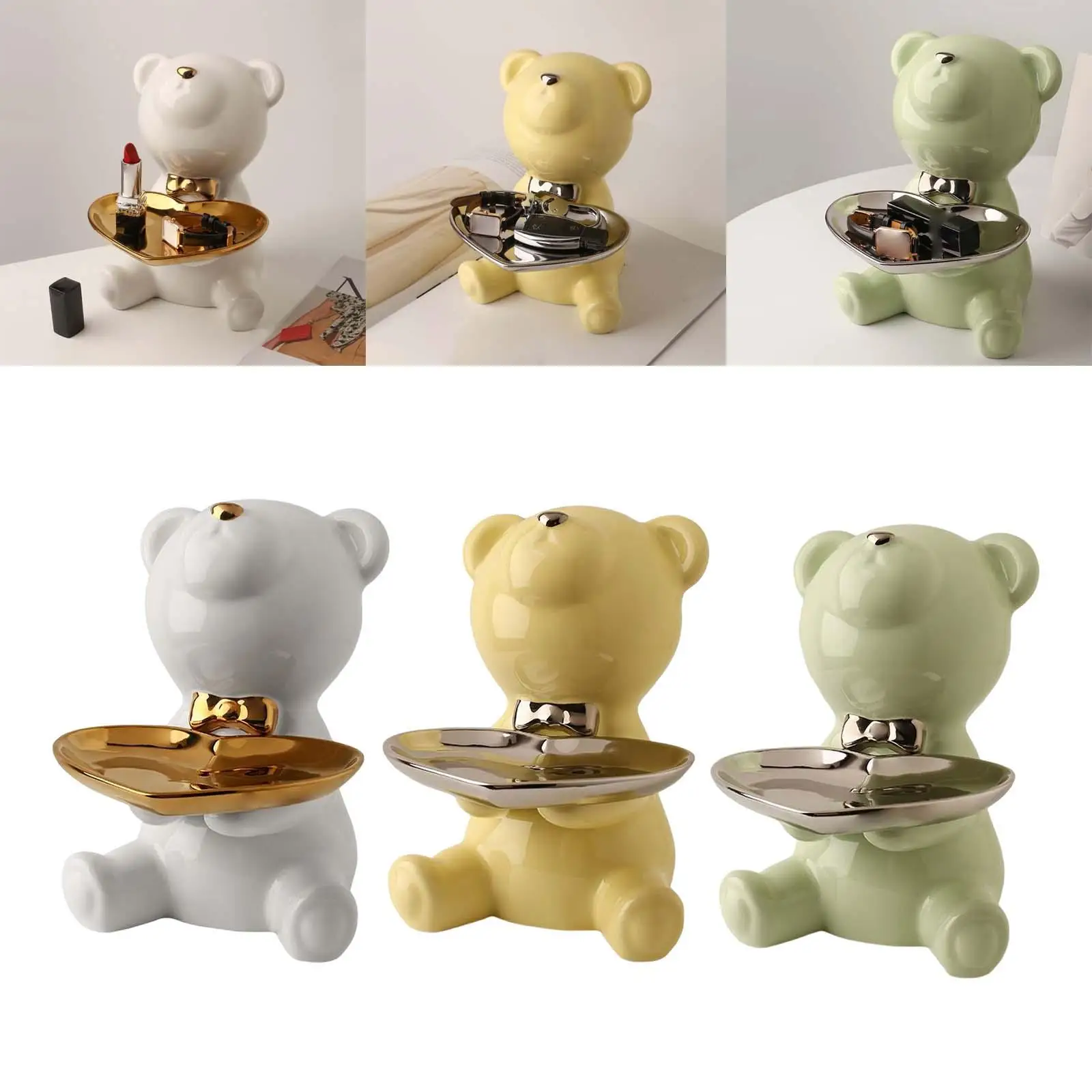 Bear Statue Storage Tray Key Holder Desk Organizer Animal Sculpture Figurine for Restaurant Office Apartment Decor Ornaments