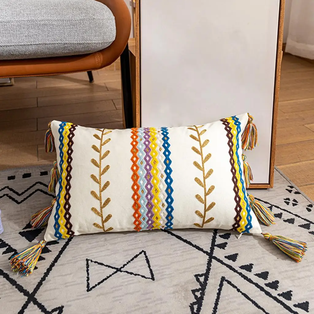 2x  Tufted Cotton Tassel Cushion Cover Farmhouse Decorative Tribal Macrame Throw Pillowcase Bedding Set Hidden Zipper for Sofa