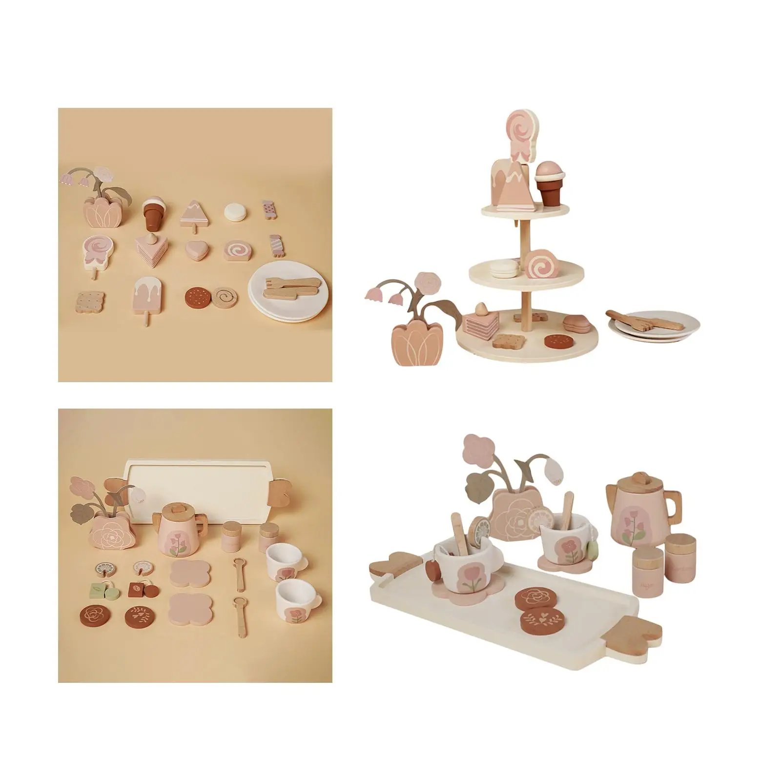 Wooden Afternoon Tea Set Toy Pretend Play Kitchen Toys Kitchen Accessories Dessert Playset Mini Toys Girls tea toy for Toddlers