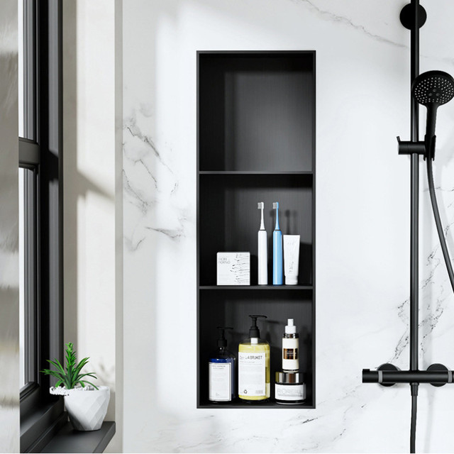 Bathroom Alcove with Black Shelves - Modern - Bathroom