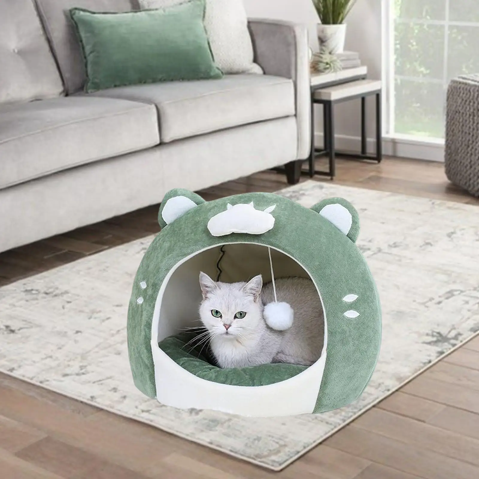 Cat Cave Bed Green Pet Cat House Hut with Plush Ball Removable Cushion Inner Cushion Machine Wash Anti Slip Base Cute Appearance