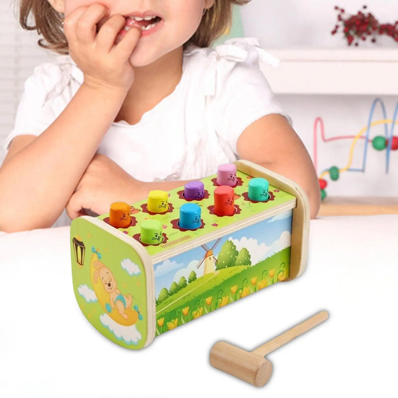 Montessori Pounding Bench with Pegs and Mallet Color Recognition for Girls Boys Infant Kids