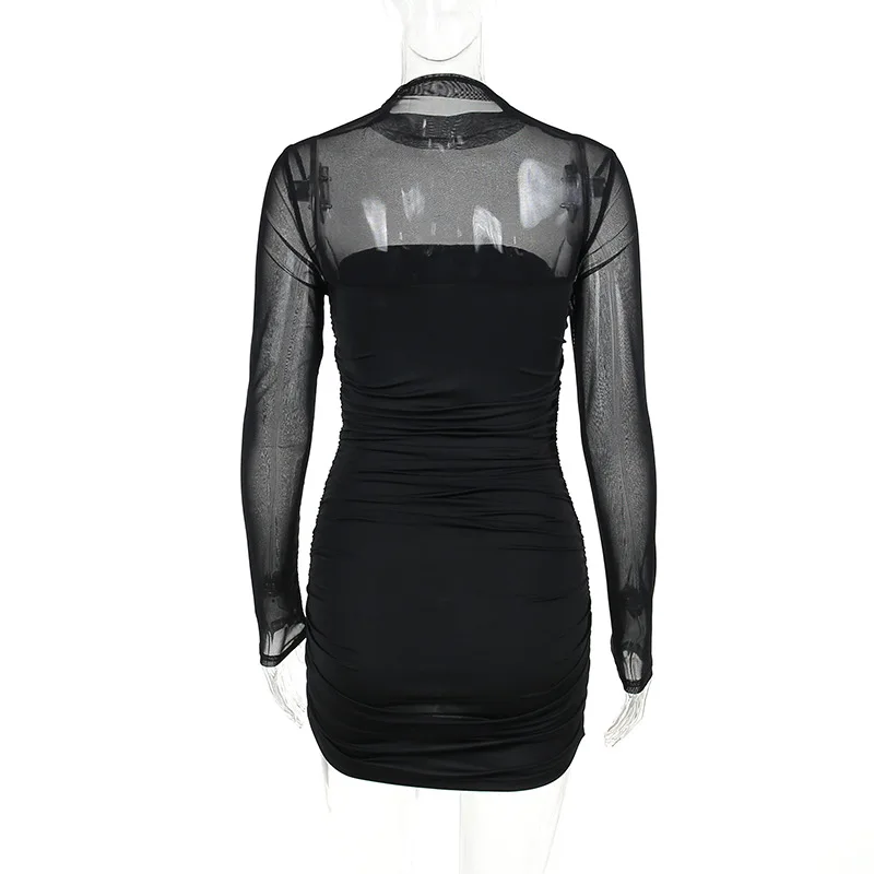 See Through Black Bodycon Dress For Women Clothing Slim Sexy Streetwear Long Sleeve Vestidos De Mujer Patchwork Fashion Outfits