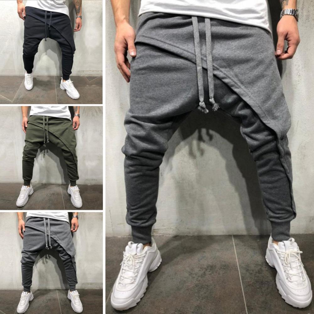 Description Picture 6 of itemSolid Color Pant Pants Sporty Long Men Drawstring Asymmetric Double Layer Running Pants