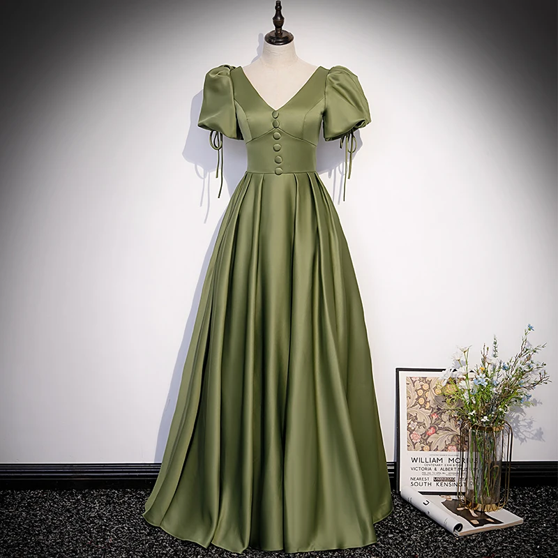 party gown SSYFashion New Banquet Grace Avocado Green Satin Evening Dress Puff Sleeve A-line V-neck Simple Long Formal Party Gown for Women ball gown