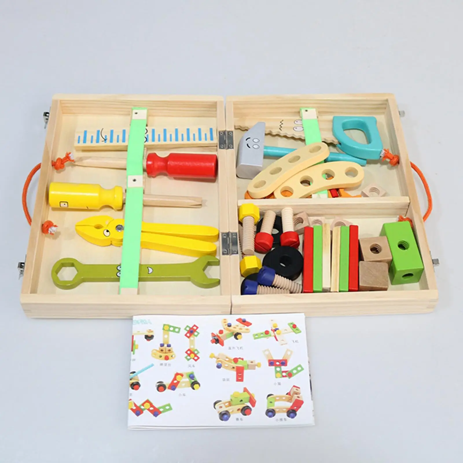 Wooden Repair Tool Toy Box, Colorful Solid Wood Tool Box , Building Toy Role Play Set, Role Pretend for Kids 