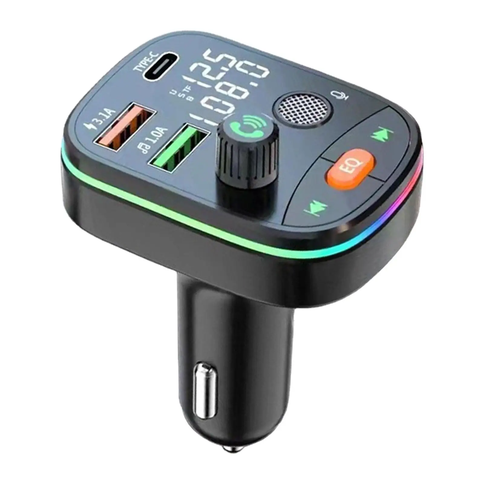 V5.0 FM Bluetooth Transmitter Colorful Atmosphere Lights Dual Screens Display Easy to Install Handsfree Calling Music Player