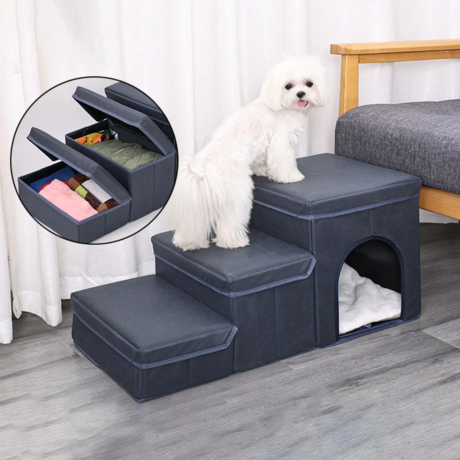 Folding Dog Steps Stair Pet Ramp Ladder Non Slip Bottom Storage Box for Cats