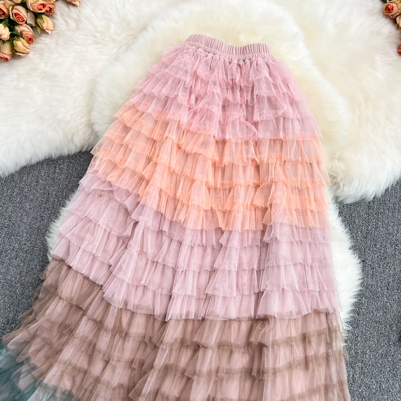 2022 Summer New Fairy Skirt Elastic Waist Rainbow Gradient Mesh Skirt High Waist Fluffy Cake Skirt Mid-length Skirt Trendy tartan skirt