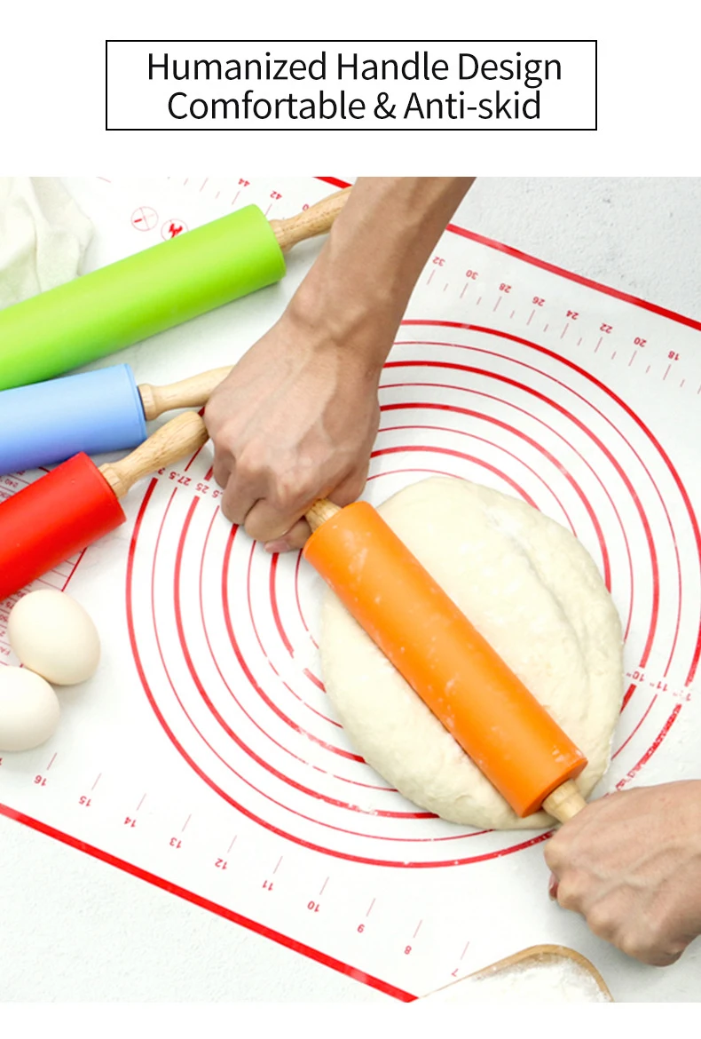 Description Picture 5 of item23/30/39cm Silicone Rolling Pin Non-Stick Pastry Dough Flour Roller Wooden Handle Pizza Pasta Roller Kitchen Pastry Baking Tool