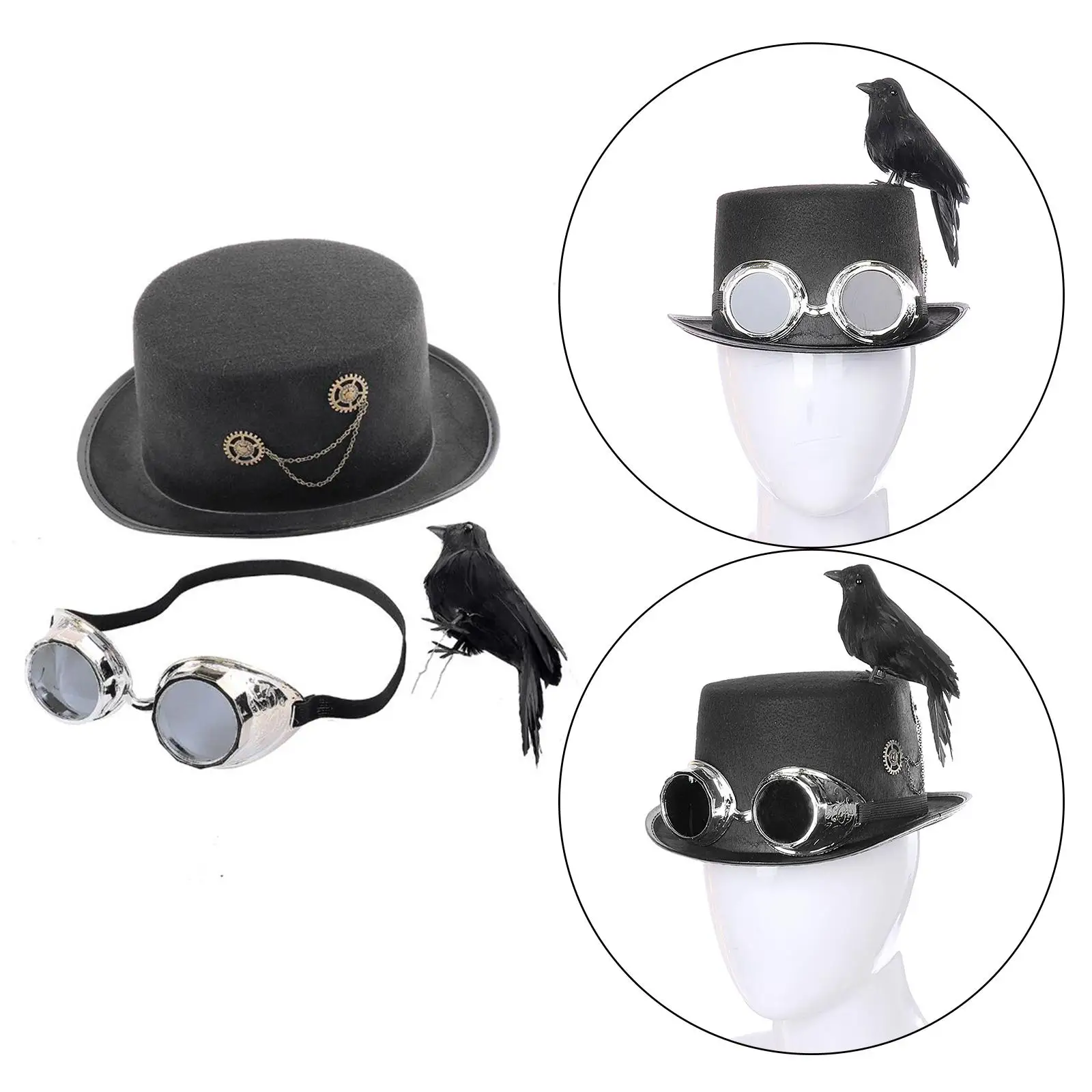 Deluxe Black Steampunk Top Hat with Goggles Formal Vintage Hat for Dress up