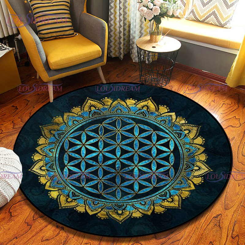 Title 15, Geometric Symbols Flower of Life Round Rug Sacr...