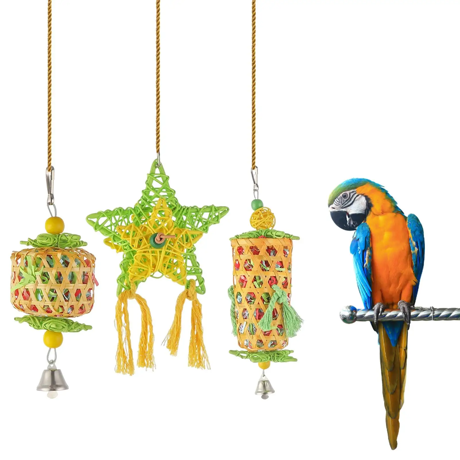 3Pcs Bamboo Parrot Toys Cage Chew Training Tearing Toy Perch Bird Chewing Toy for Cockatoos Conures Macaws Cockatiels Parakeets