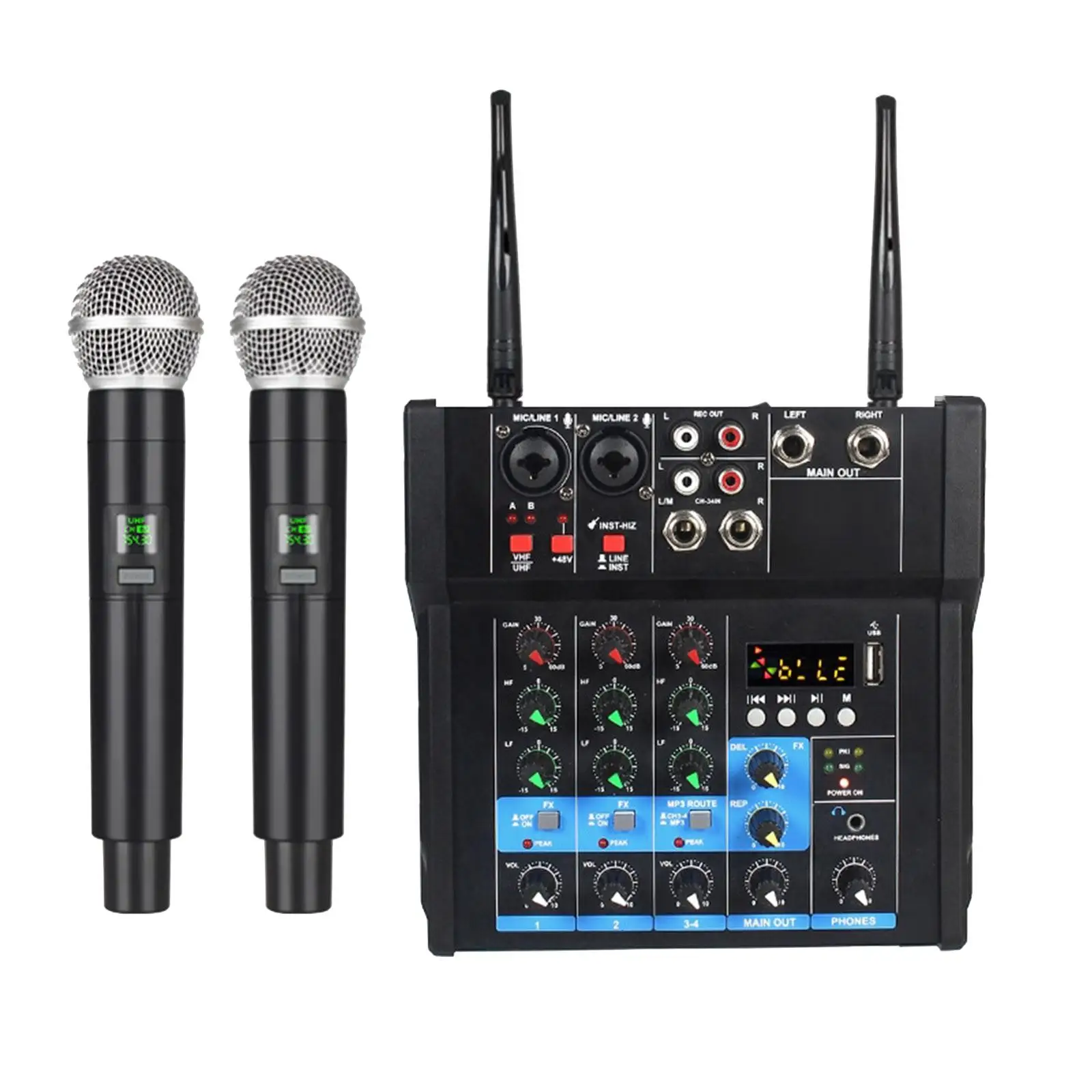Audio Mixer with Dual Wireless Mic USB MP3 Bluetooth Sound Mixer Sound Mixing Console for Party Home Karaoke Studio Recording