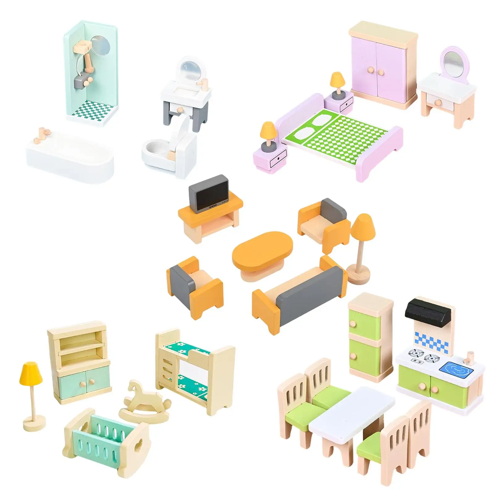 30 Pieces Wooden Dollhouse Furniture Set DIY Scene Accessories Pretend Play Toy Dollhouse Furniture Playset for Kitchen Decor