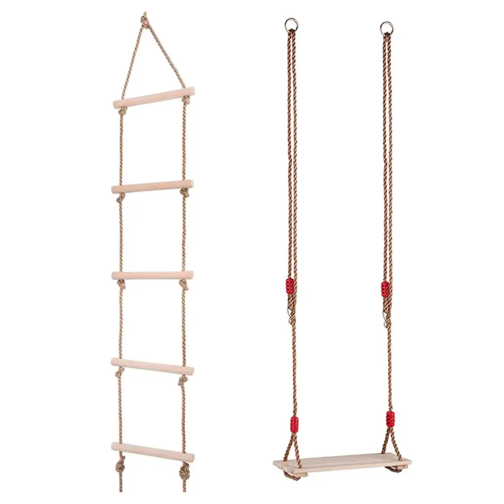 2 Pack Kids Wooden Swing  Adjustable Ropes & 5 Rungs Climbing Ladder Rope Swing Backyard  Replacement