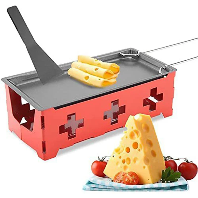 Cheese Raclette Set Portable Candlelight Raclette Pan Foldable Non-Stick Rotaster Baking Tray Stove Set with Spatula Home Kitchen Grilling Tool 