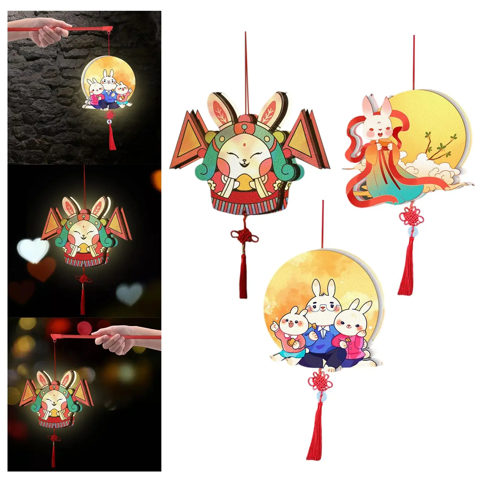 Chinese Mid Autumn Festival Lantern Making DIY Accessories Rabbit Shape Portable Glowing Light Hanging Lantern Handmade Decor