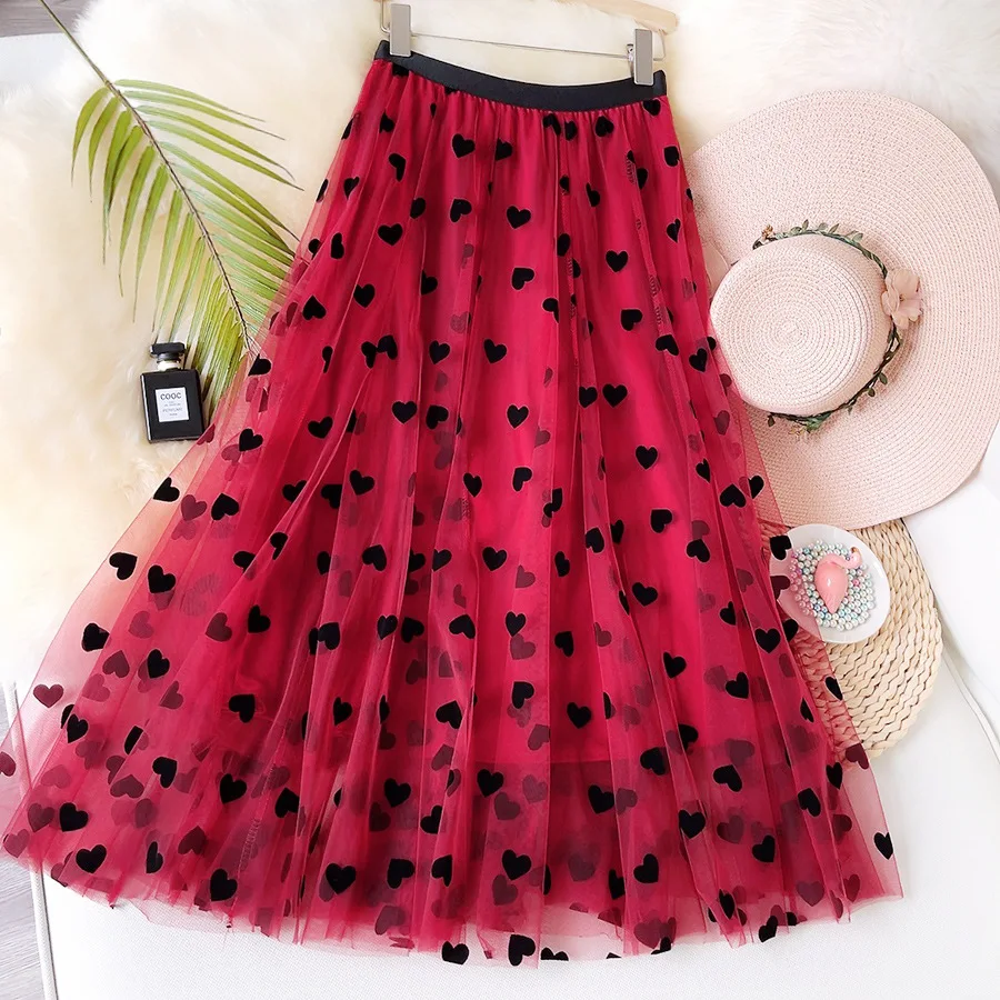 Vintage High Waist Love Heart Print Tulle Skirt A-line Mesh Tutu Skirts Womens 2022 Spring Summer black midi skirt