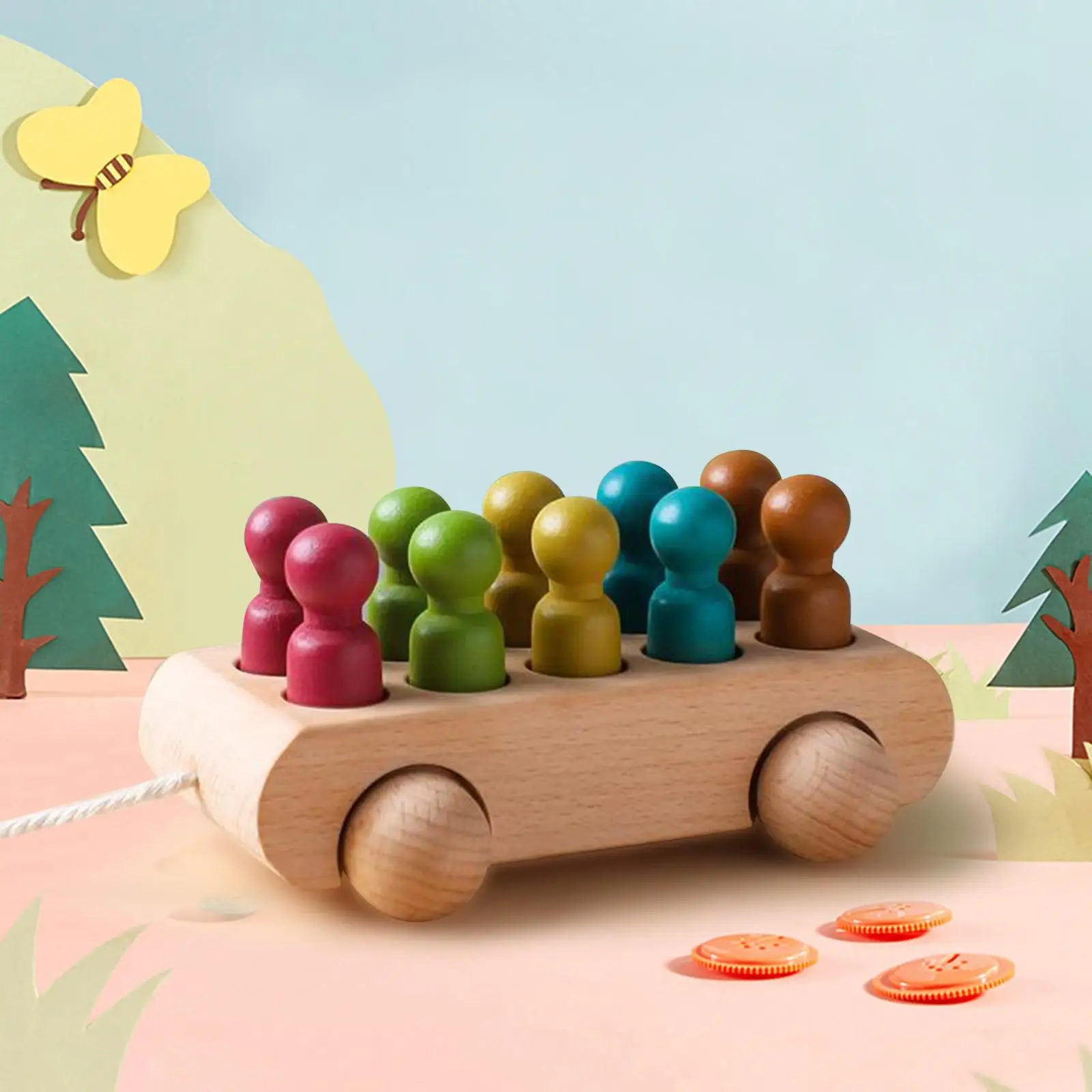 Wooden Toy Vehicles Hand On Ability Color Perception Educational Baby Pull Car Wooden Toys for Preschool Early Education Party