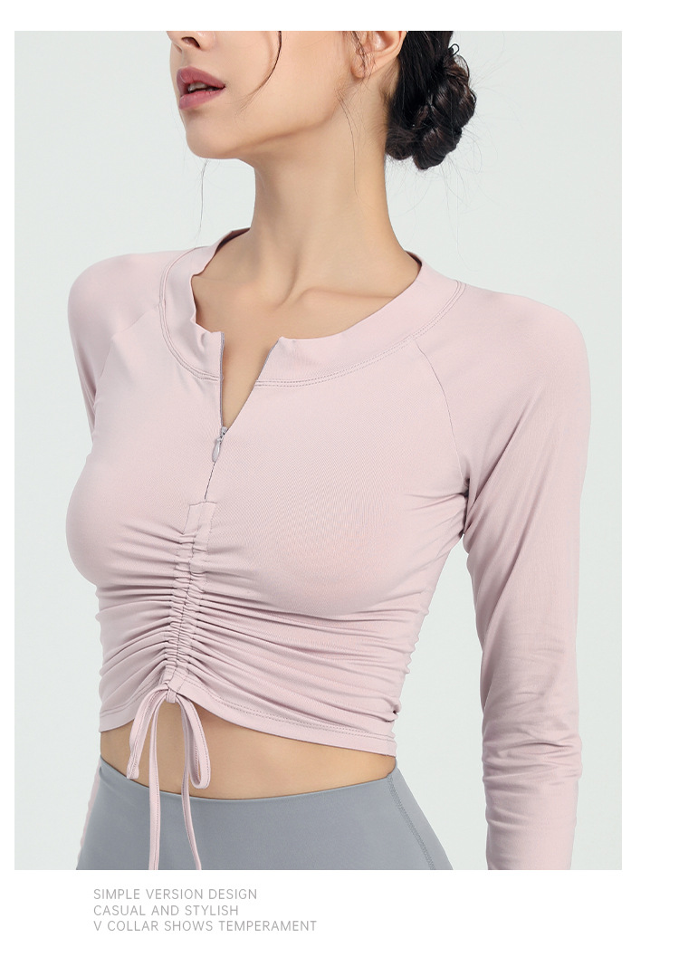 Langarm Shirt Halb Zip Vorne Kordelzug Yoga Tops Frau Sport Active Lauf Oben für Fitness Weibliche Bluse Gym Frauen – Detail 11