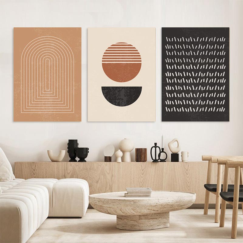 3pcs Boho Abstract Geometry with Framed Wall Art Canvas Painting Poster Leaves Sun Rainbow Living Room Interior Picture Decor