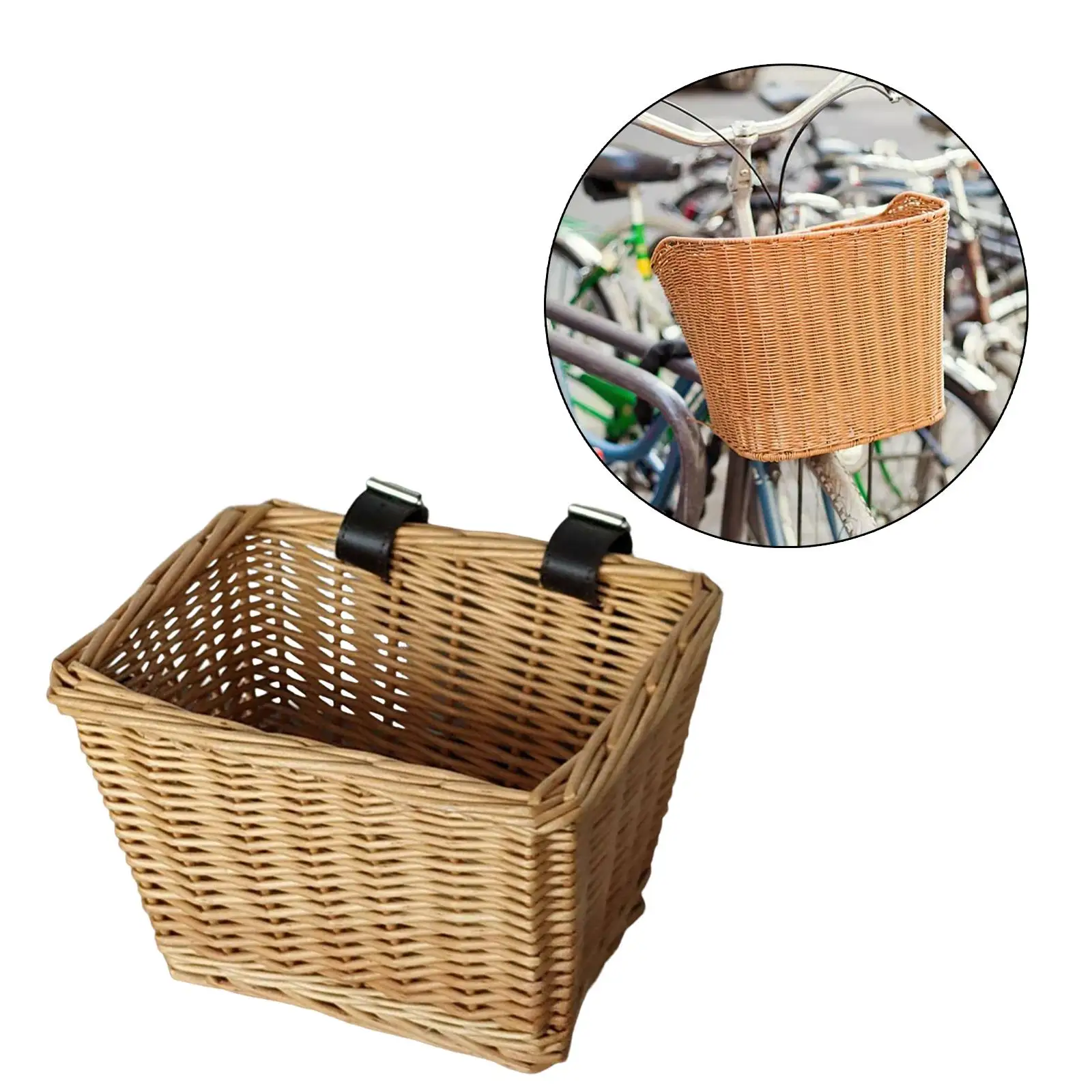 Wicker Bikes Basket Bicycle Pet Carrier Front Storage with Leather Straps Comfortable Cargo for Cycling Riding Camping Outdoor