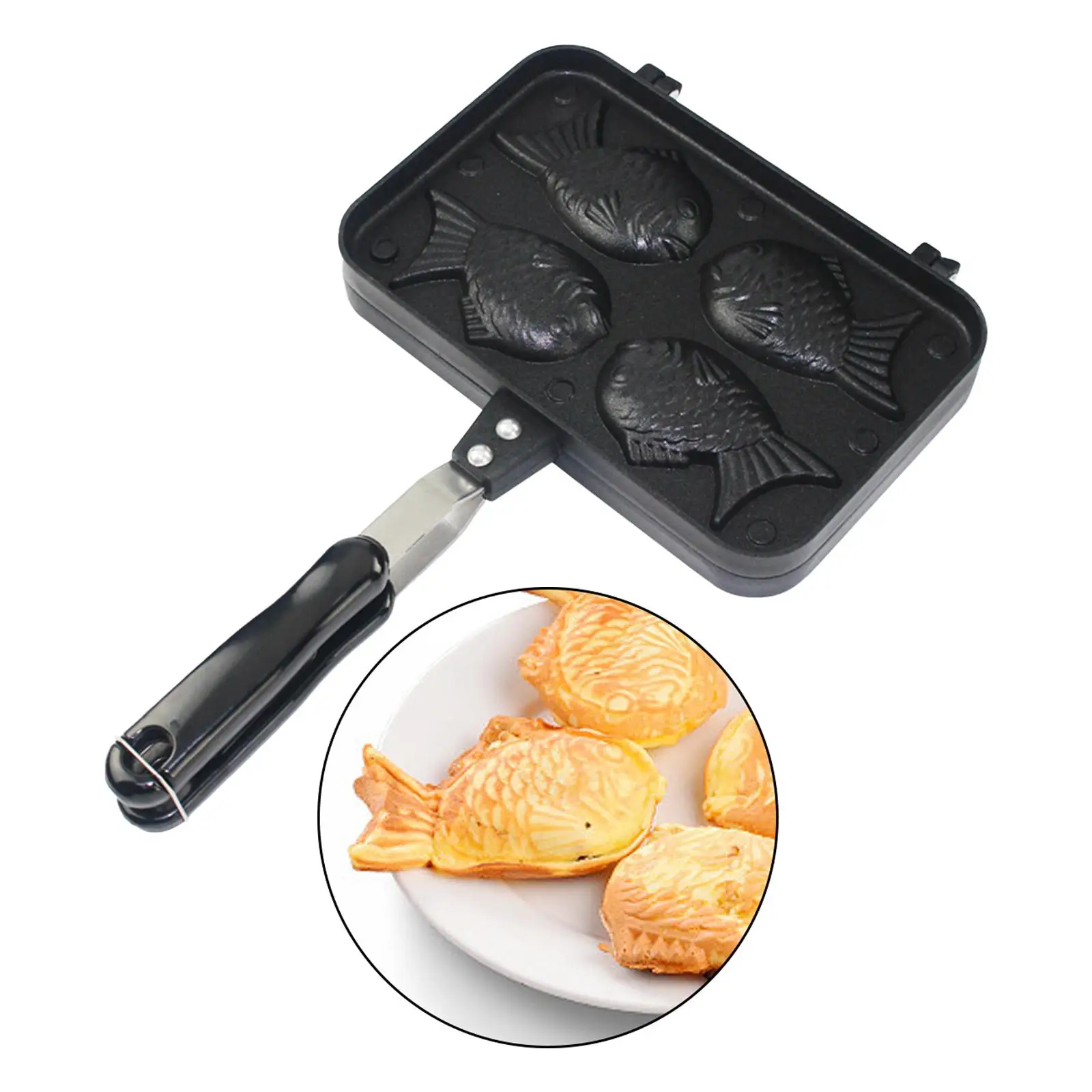 4 Fish Taiyaki Bakeware Detachable Handle Convenient Baking Maker Smooth Waffle Baking Pan Snapper Grill Plate for Outdoor Home