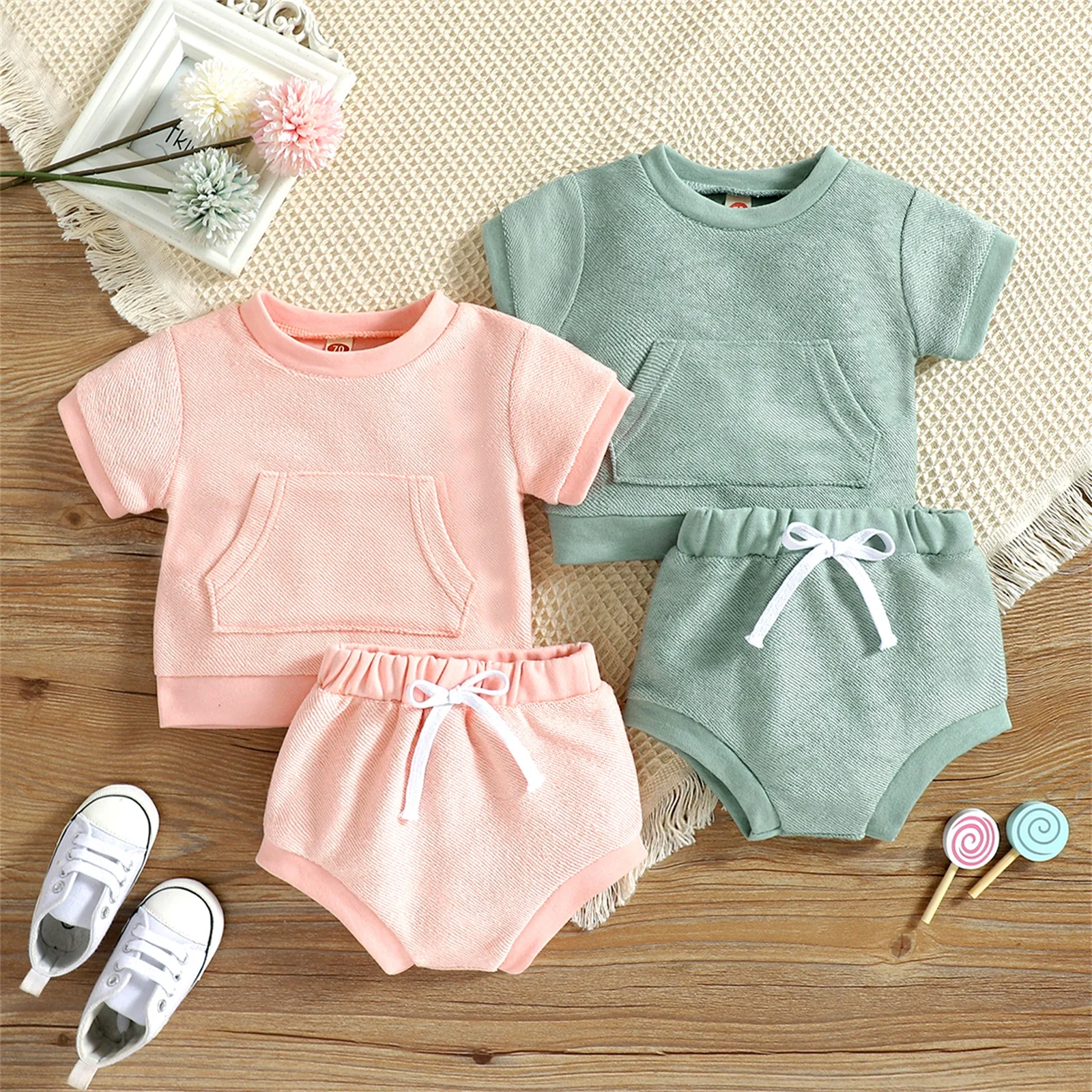 Baby Clothing Set cheap 2022 3-18M Sweet Baby Girl Boy Clothing Set Solid Color Pocket Front Round Neck Short Sleeve+Triangle Shorts Summer Outfits Set Baby Clothing Set