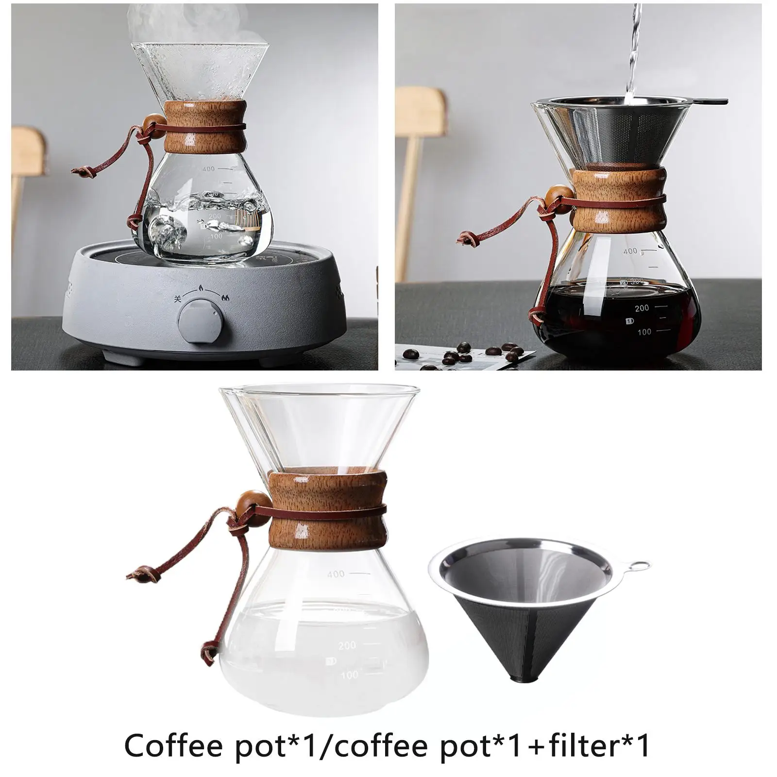14 oz Pour Over Coffee Maker with Scale Reusable Filter Glass Carafe Glass Coffee Pot