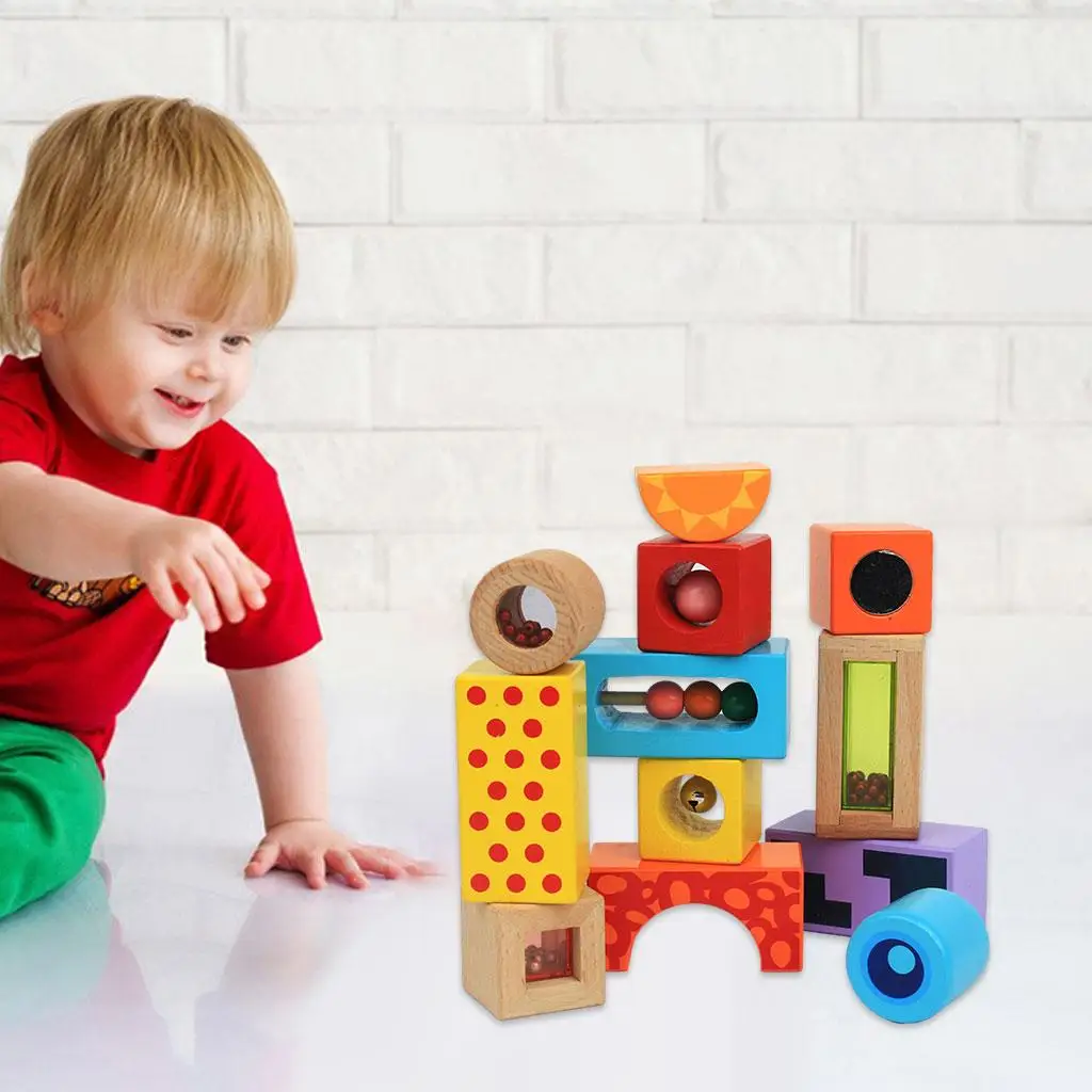 12Pcs/Set Wooden Geometric Shape Stack Block Puzzle Fine  Toys Building Blocks for Kids Toddlers Baby