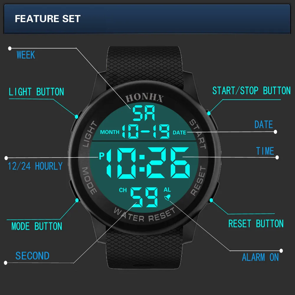 Impermeável LED Digital Watch para Homens, Relógios