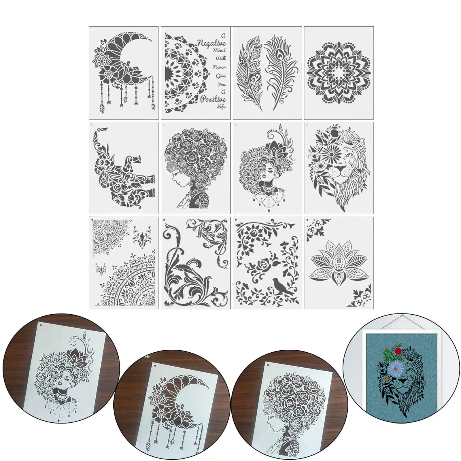 12pcs DIY Craft Mandala Stencils for Painting on Wood,Fabric,Walls Art Scrapbooking Stamping Album Embossing Paper Cards