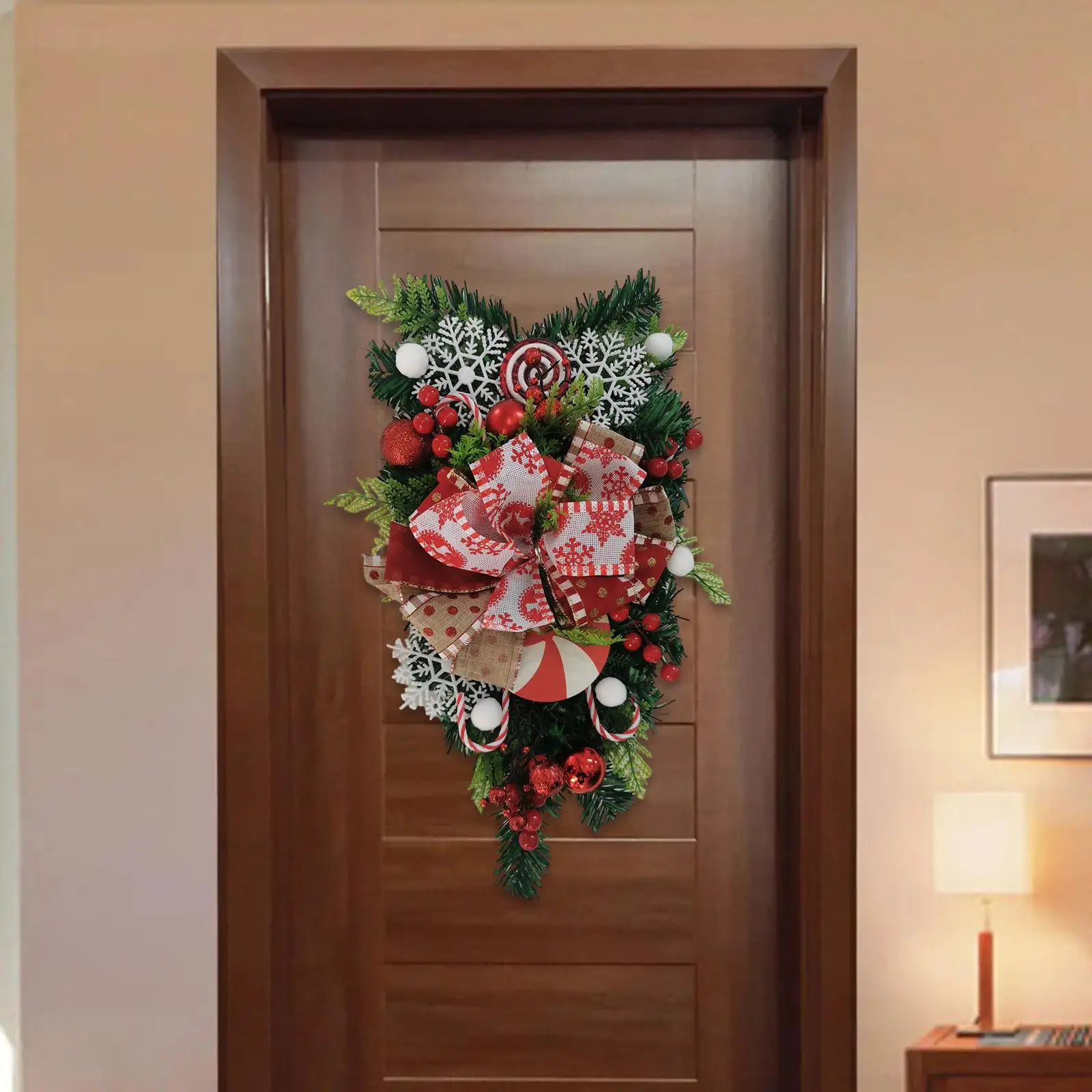 Christmas Teardrop Swag, Artificial Door Swag Wreath with Bow for Door